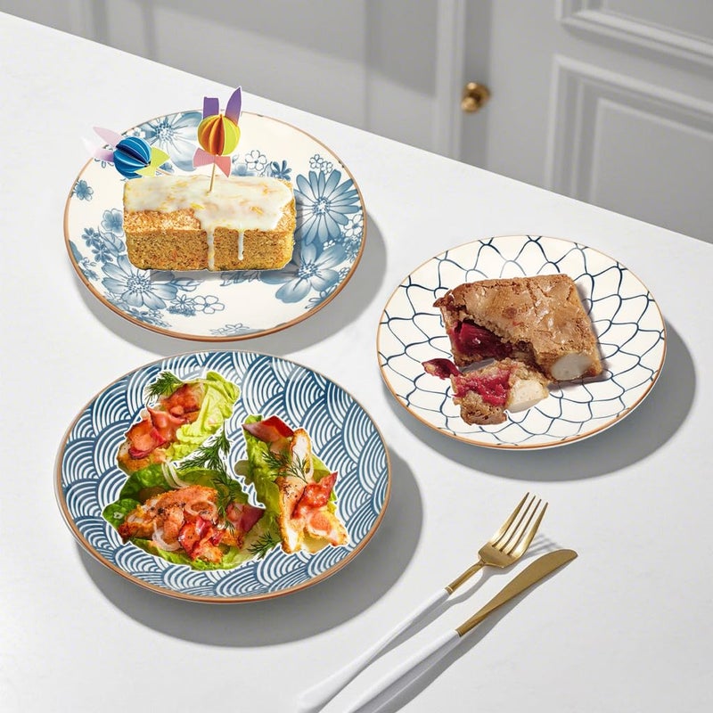YALONG Small Ceramic Salad Plates Set of 4, 7 Inch (13oz) Japanese Appetizer Plates for Sushi Snacks, Dessert Plates for Cake Fruit, Blue & White Dinnerware, Microwave Dishwasher Safe - Image 4